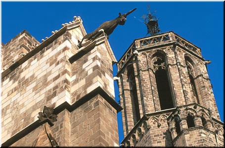 Tourists can ride a little elevator up to the roof to look at gargoyles and a great view of Barcelona.